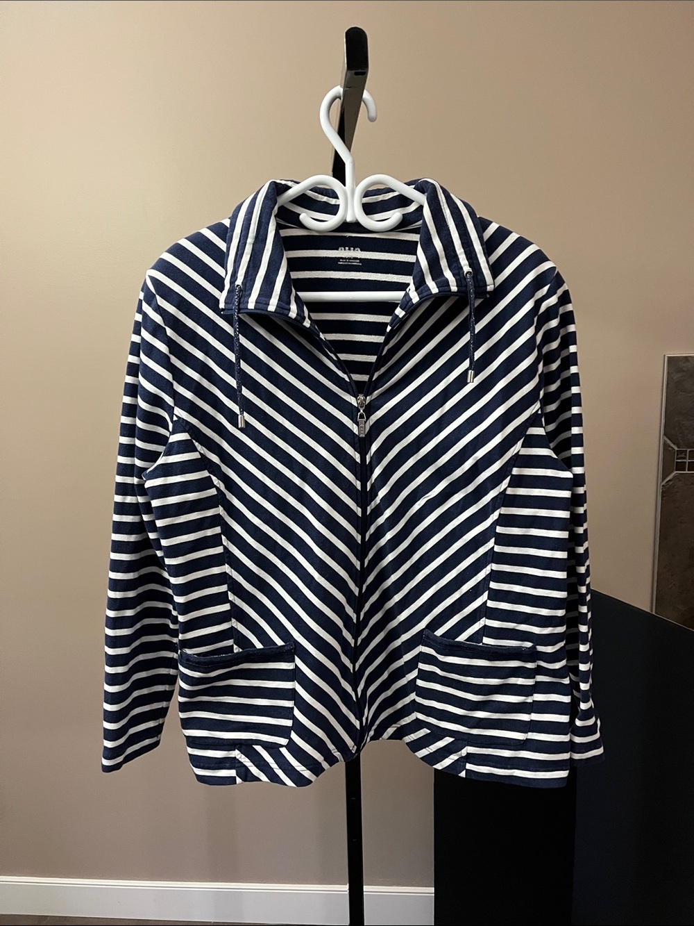 Alia Navy and White Striped Zip-Up Jacket Cotton/poly  blend with 5% spandex